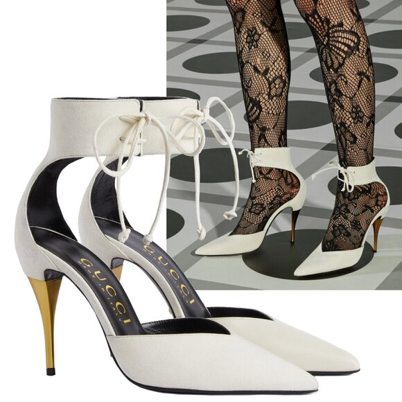 GUCCI SHOES PUMPS WITH ANKLE CUFF GOLD HIGH HEEL WHITE LEATHER sz 41.5 11.5 - Picture 1 of 15